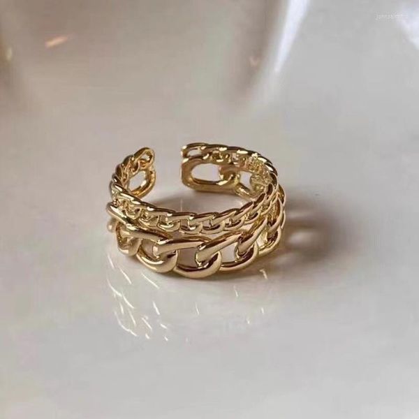 Anillos de racimo, cadena cubana de doble capa de Color dorado a la moda para mujer, anillo de dedo ajustable con apertura, accesorios de joyería de Hip Hop Rock