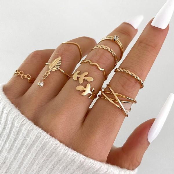 Anillos de racimo Fashion Gold Color Minimalist Leaf Anillo para mujeres Joyas de personalidad de la personalidad del dedo múltiple de múltiples nudillos geométricos