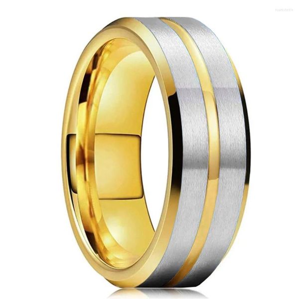 Anillos de racimo Moda Color oro Acero inoxidable para hombres Plata Cepillado Borde biselado Compromiso Joyería de banda de boda