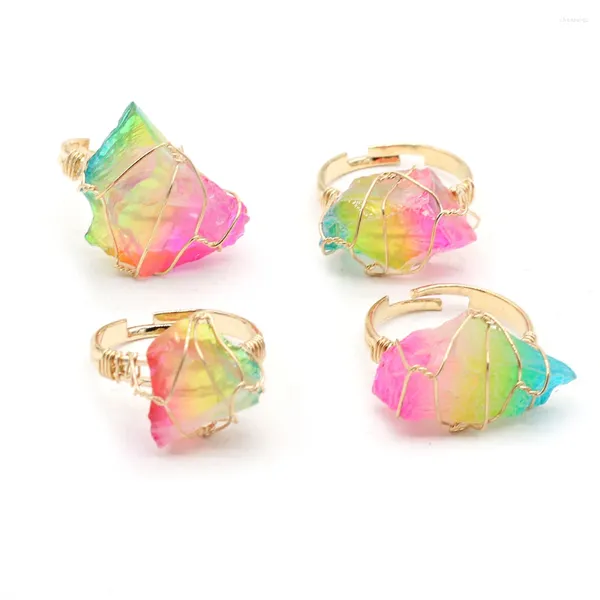 Anillos de racimo Moda Color dorado Envoltura de alambre Piedra de cristal Dedo Reiki Heal Agates Anillo para mujeres Fiesta Joyería de boda Regalos