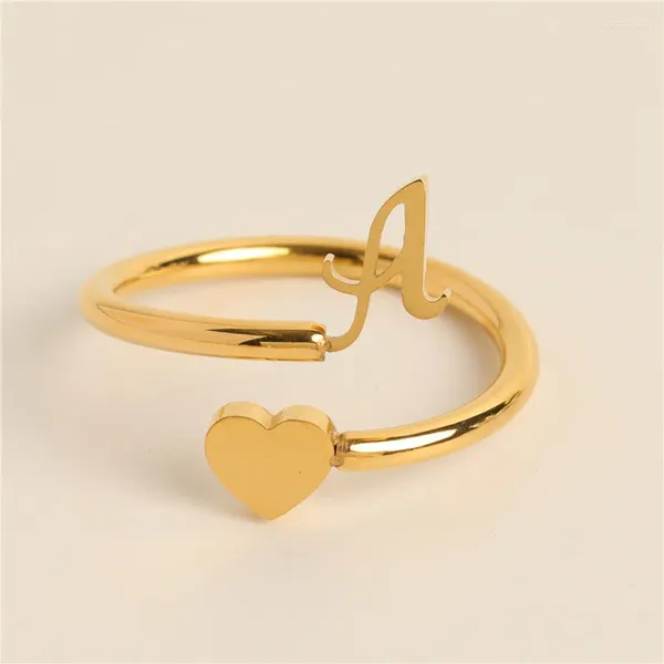 Anillos de racimo Moda Oro Plata Color Inglés A-Z Letras Corazón Apertura Anillo Mujeres Pareja Alfabeto Nombre Iniciales Joyería Regalos