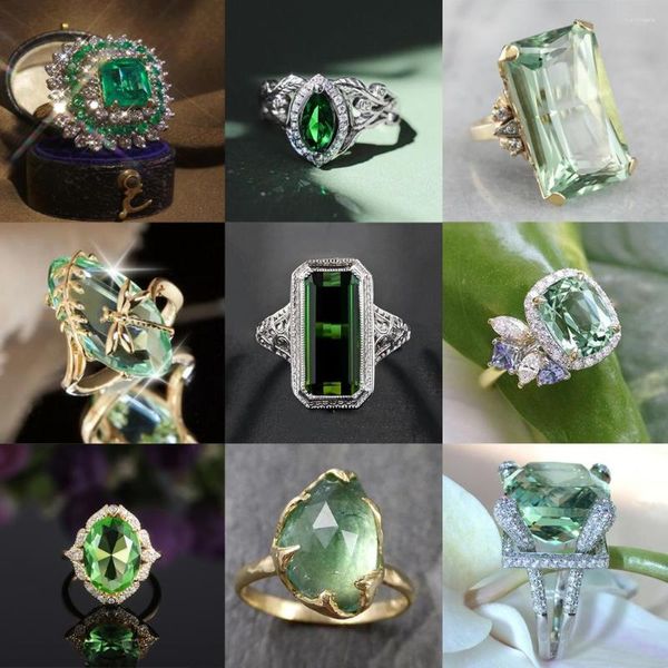 Bagues de grappe mode magnifique grande pierre verte bague de mariage pour femmes Noble cristal bijoux de fiançailles cadeaux anniversaire classique