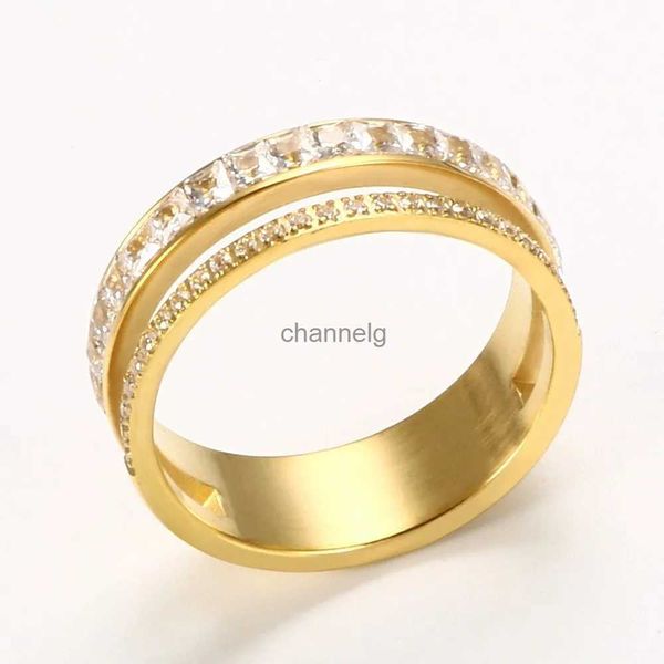 Anneaux de cluster Mode anneau creux en acier inoxydable Double couche cubique zircone bagues pour femmes femme mariage/fiançailles bijoux YQ240109
