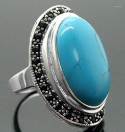 Cluster Ringen Mode-sieraden 17x30mm Blauwe Turkooiden Ovale Gems 925 Sterling Silver Marcasite Ring