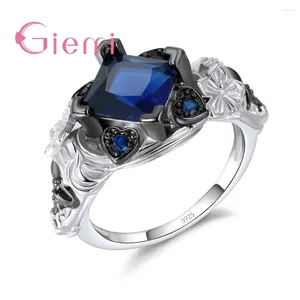 Cluster anneaux bijoux de mode incrusté carré coeur bleu cristal 925 Anneau en argent sterling pour les femmes filles engarve fleur de crâne
