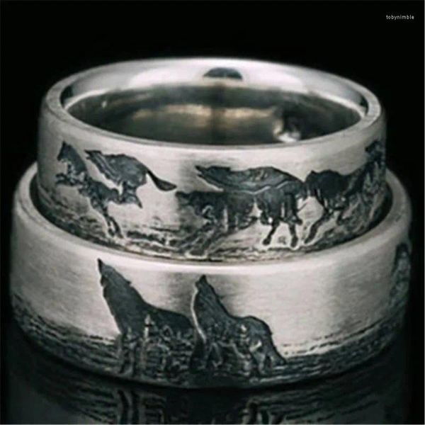 Anillos de clúster joyas de moda dama personalidad simple pradera lobo pareja anillo de compromiso anillo de aniversario