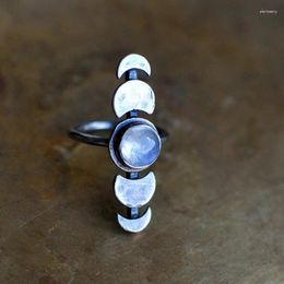 Cluster Ringen Mode-sieraden Maanfase Ring Cyclus Dames Imiteren Maansteen Kristal Retro Zilver Kleur Hemels Voor Vrouwen