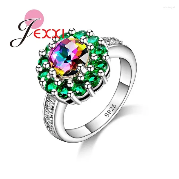 Anillos de clúster Joyas de moda Sello Silver Women Beautiful Flower Green Crystal Rainbow Color Regalo de piedra de circón