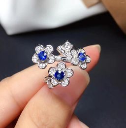 Cluster Ringen Mode Open Ontwerp Pruimenbloesem Kruis Natuurlijke Blauwe Saffier Ring S925 Zilveren Edelsteen Vrouwen Party Gift Sieraden