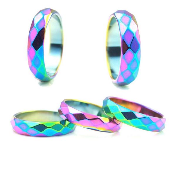 Anillos de racimo Joyería de fiesta de moda 5A Calidad 6 mm Anillo de hematita de corte ancho Arco iris 1 pieza 234t