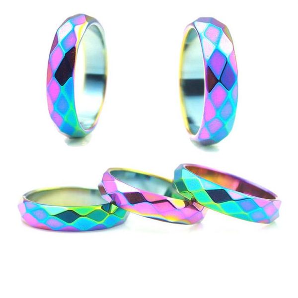 Anillos de racimo Joyería de fiesta de moda 5A Calidad 6 mm Anillo de hematita de corte ancho Arco iris 1 pieza 257v