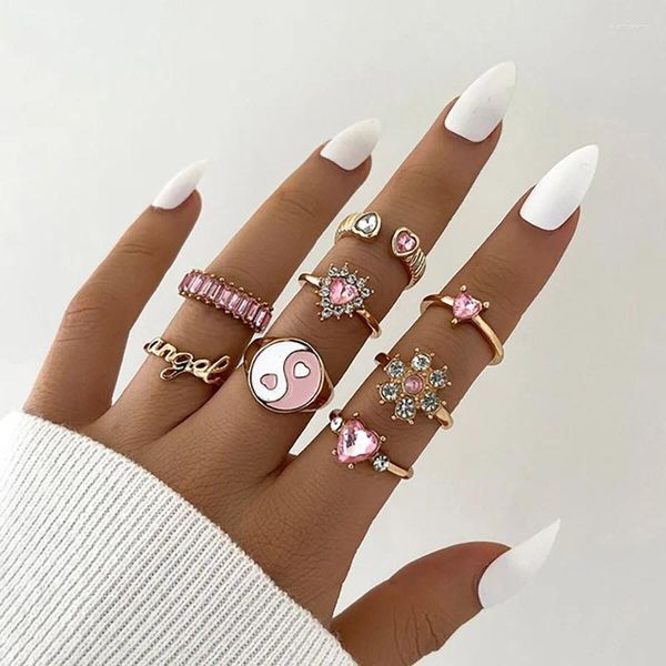 Anillos de racimo Moda Pink Crystal Heart Ring Set para mujeres Esmalte Yin Yang Angel Open Teen Girls Regalo de joyería inusual