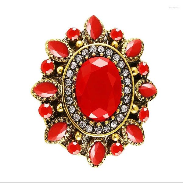 Bagues de cluster Mode Fleur de résine rouge pour femmes Couleur Or Vintage Big Bague de mariage Bohême Bijoux