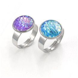 Cluster Ringen Mode Hars Vis Schaal Druzy Drusy Ring Roestvrij Staal 12Mm Zeemeermin Open Voor Vrouwen Sieraden Drop levering Dhqfw