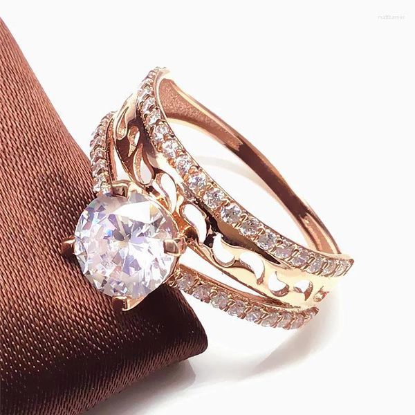 Anillos de racimo Moda Romántica 585 Diamante con incrustaciones de oro púrpura para mujeres Exquisita luz de lujo Chapado 14K Joyería de compromiso rosa