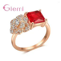 Anneaux de cluster Aneau de mariage de couleur rose en or rose pour femmes pavé claire rouge cristal élégant romantique anel anillo bijoux