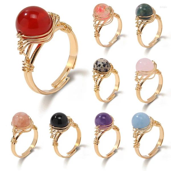 Anillos de racimo Moda Anillo de cuentas redondas Ágatas naturales Piedra con cuentas Color oro Mujer Dedo ajustable para mujeres Niñas Joyería Regalo