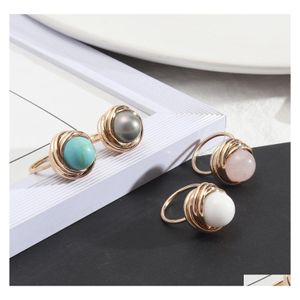 Cluster ringen mode ronde roze roze kwarts genezende kristal turquoise geometrisch vergulde witte blauwe natuursteenring voor vrouwen dhqtd