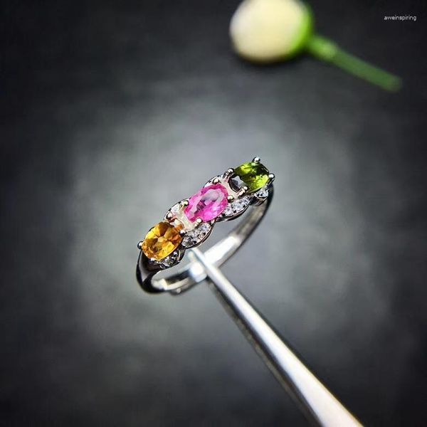 Bagues de cluster mode rangée ligne naturel multicolore Tourmaline gemme anneau S925 argent pierre précieuse femmes mariage cadeau bijoux
