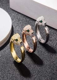 Cluster Ringen Mode S925 Sterling Zilver Luipaard Ring Micro Zirkoon Steen Groene Ogen Open Panter Hoofd Voor Mannen Vrouwen Jewelry1241637