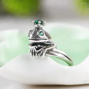 Anillos de racimo Fashion Silver Color Frog Green Zircon Corona Anillo de dedos ajustable para hombres Joyería de boda de animales para mujeres