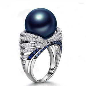 Bagues de cluster Fashion Simple Blue Pearl Zircon pour femmes Cadeaux de vacances Rétro Luxe Index Bague Goth Girls Bijoux Accessoires