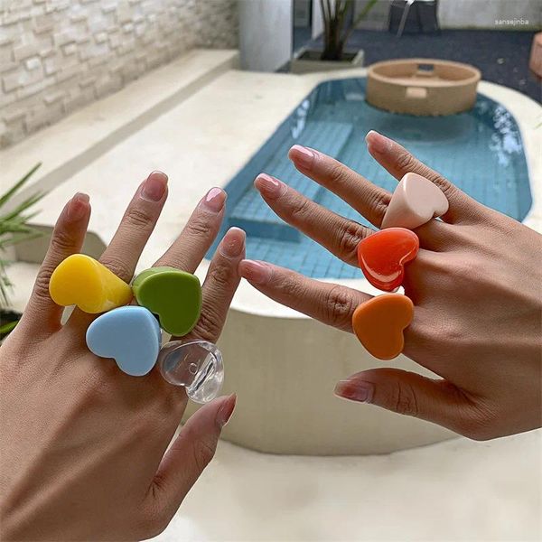 Anillos de racimo Moda Simple Color Caramelo Melocotón Corazón Anillo Vacaciones Viento Resina Geométrica Mano Joyería Venta al por mayor Mujeres 219