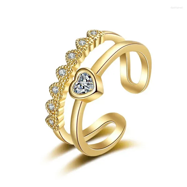 Anillos de racimo Moda Simple Anillo en forma de corazón Chapado en oro Exquisito Circón Amor romántico Promesa Joyería de niña Regalo del día de San Valentín