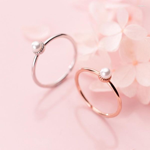 Cluster Rings Mode Simple Original 925 Sterling Silver Élégant Perle Ronde 585 Or Rose Couleur Mince Dainty Mignon Filles Femmes Bague