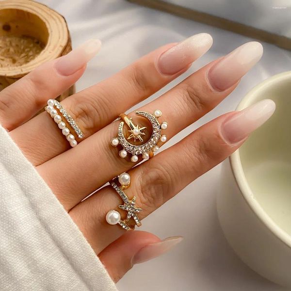 Cluster Anneaux Fashion Sweet Cool Alloy Zircon Moon Star Cross Geometry Opening Joint Ring Set Bijoux For Women Girl Party Gift Wholesale