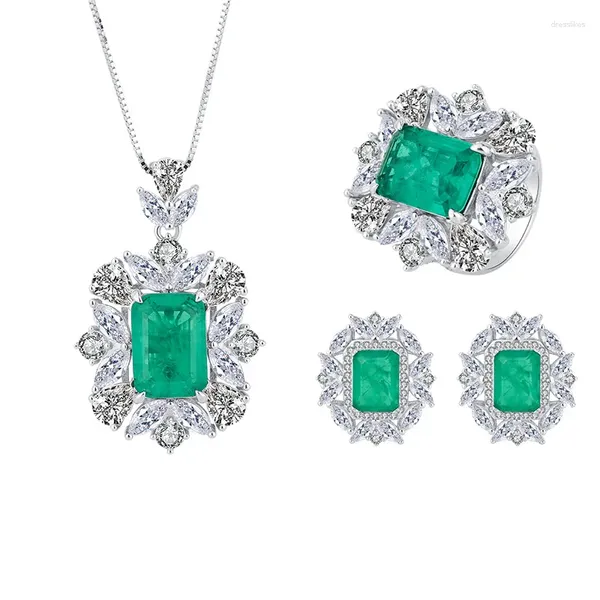 Bagues de cluster Tendance de la mode S925 Sterling Silver Incrusté 5A Zircon Bois avec Green Emerald Lady Pendentif Collier Bague Boucle d'oreille Ensemble