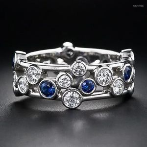 Cluster anneaux mode blanc / bleu cz bandes de mariage féminin couleurs argentées conception polyvalente de déclaration de fête de doigt la dame bijoux