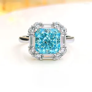 Cluster ringen modieuze en luxueuze kunstmatige marineblauw 925 pure zilveren vierkante ring set met hoge koolstof diamant bruiloft sieraden