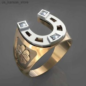 Cluster ringen modieuze gouden hoefijzer u-vormige ring creatieve retro heren luxe kristal klaver trouwring bohemian sieraden240408