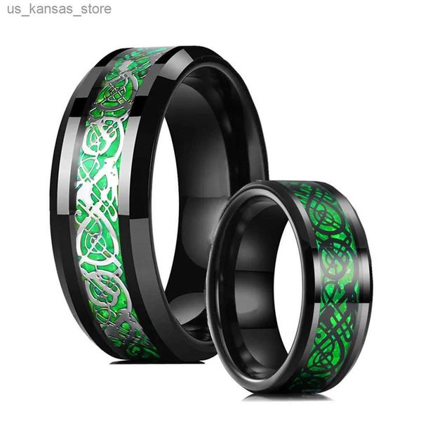 Anneaux de cluster à la mode en fibre de carbone vert incrusté Bonne de mariage en tungstène noir pour hommes Anneau en acier inoxydable Ring Dragon Mens MENS RAGNE240408