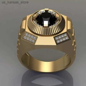 Cluster Anneaux à la mode pour hommes Gold Round Mens Ring Luxury Black Stone Wedding Party Bing Bridal Jewelry240408