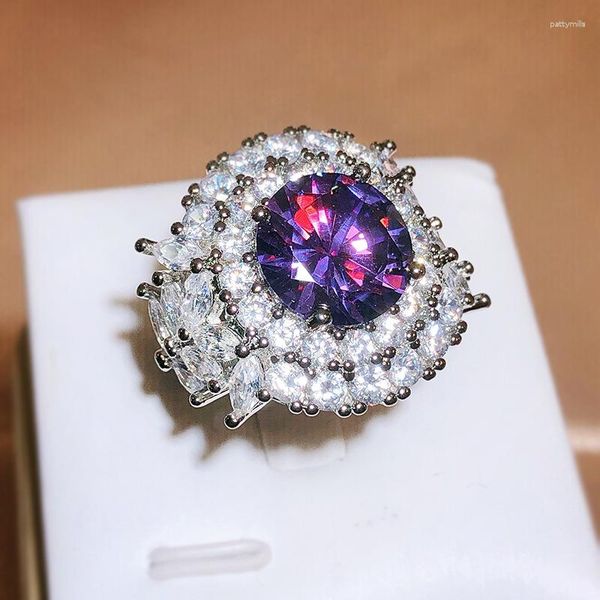 Cluster anneaux à la mode ovale d'améthyste anneau de pierres précieuses pour femmes argent 925 cocktail exagéré en cristal violet cadeau de bijoux doigt