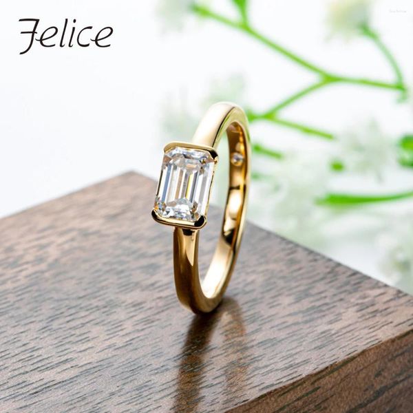 Bagues de cluster Felice 1ct Emerald Cut Moissanite Bague de fiançailles 925 Sterling Silver Lab Créé Diamant Jaune Plaqué Or Pour Femmes