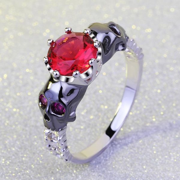 Anillos de racimo para mujer, anillo de calavera con piedra de cristal rojo, joyería llena de Color plateado a la moda, boda Vintage para mujeres/hombres, regalo de cumpleaños