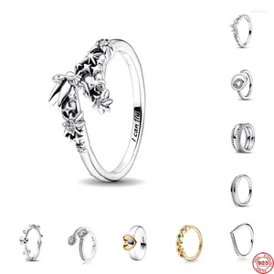 Anillos de racimo Fino 925 Plata Tendencia simple Puedo volar Anillo de ángel Corazón de oro con piedra blanca CZ para hombre Pareja Regalos de fiesta Joyería