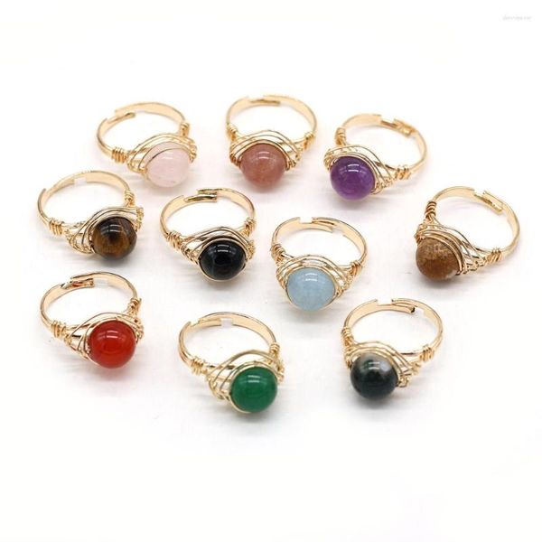 Anillos de racimo finos hechos a mano, envoltura de alambre de Color dorado, Ojo de Tigre, ágata, bola, anillo de dedo, Reiki Heal, joyería abierta para mujeres, regalos de fiesta