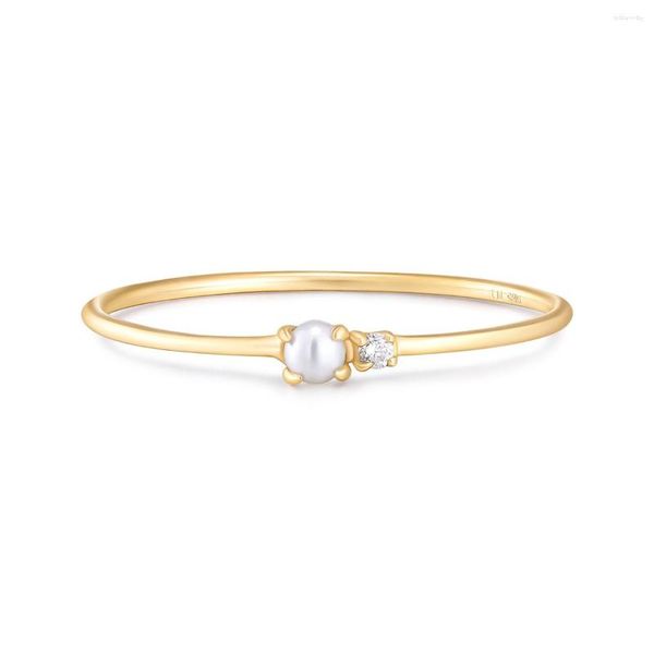 Bagues de cluster Fine Bijoux 14K Solid Gold Simple Naturel Perle d'eau douce Véritable Diamant Engagement Mariage Bague mince pour les femmes Wear quotidien