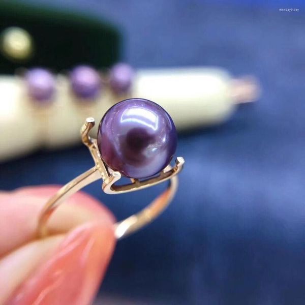 Cluster Rings Fine Jewelry 18K Yellow Gold Natural Fresh Water Purple 8-9mm Peals For Women Pearls