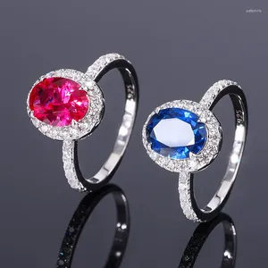 Bagues de cluster Fine Bijoux 925 Argent réel 7 9mm Glacé Coupe Saphir et Ruby Pierre précieuse synthétique pour les femmes fête de mariage