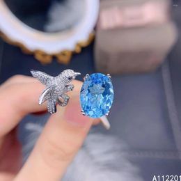 Anillos de racimo Joyería fina Plata de ley 925 con incrustaciones de piedras preciosas naturales Pájaro elegante Topacio azul Soporte de anillo abierto estilo OL para mujer