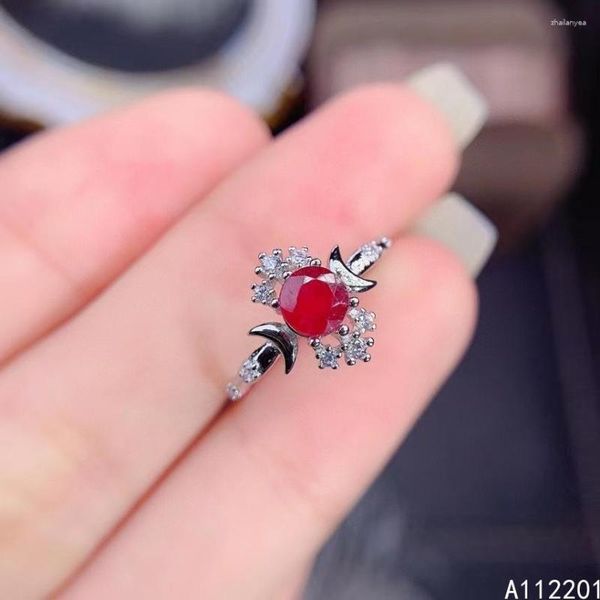 Anillos de racimo Joyería fina Plata de ley 925 con incrustaciones de piedras preciosas naturales Rubí redondo de lujo Anillo de estilo OL para mujer Detección de soporte