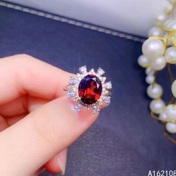 Anillos de racimo Joyería fina 925 Inserción de plata esterlina con gemas naturales Flor encantadora de las mujeres Granate rojo Anillo ajustable Soporte Detectar