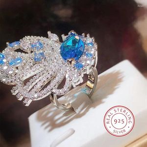 Bagues de cluster Fine Bijoux Creative Papillon Bleu Bague Ouverte Super Fée Plein Diamant Argent Zircon Luxe 925 Vente