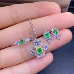 Bagues de cluster Fine Bijoux Naturel Emerald Sterling Silver Collier Set Trésor de couleur pour femme peut être personnalisé cadeaux d'anniversaire
