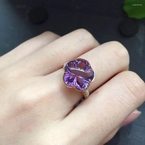 Cluster Ringen Fijne Sieraden Real 18K Goud Pruimenbloesem Natuurlijke Amethist Edelstenen Vrouw Voor Vrouwen Ring